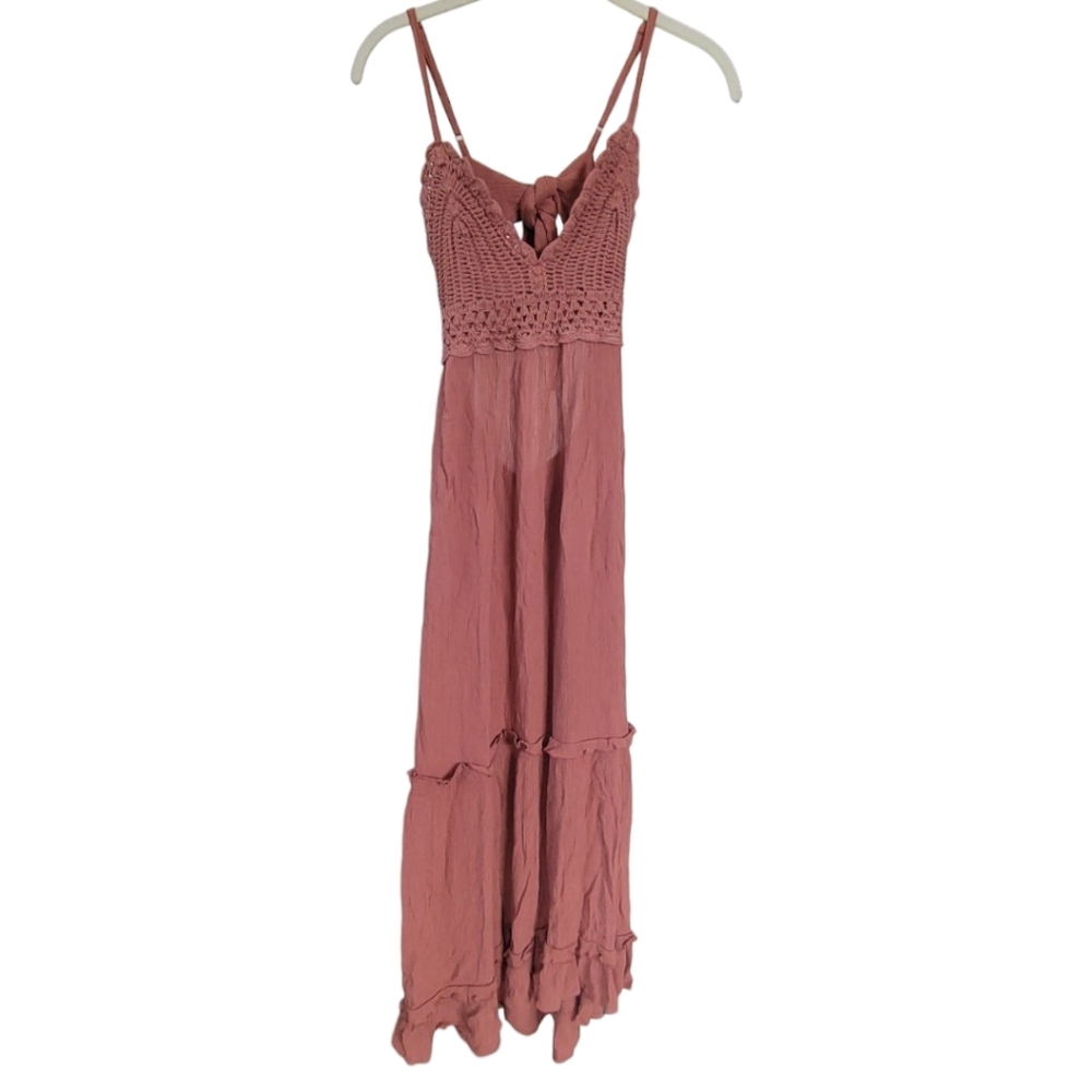 Hint of Blush Sz S Mauve Boho Maxi Dress Tiered Crochet Lace‎ Open Back Festival